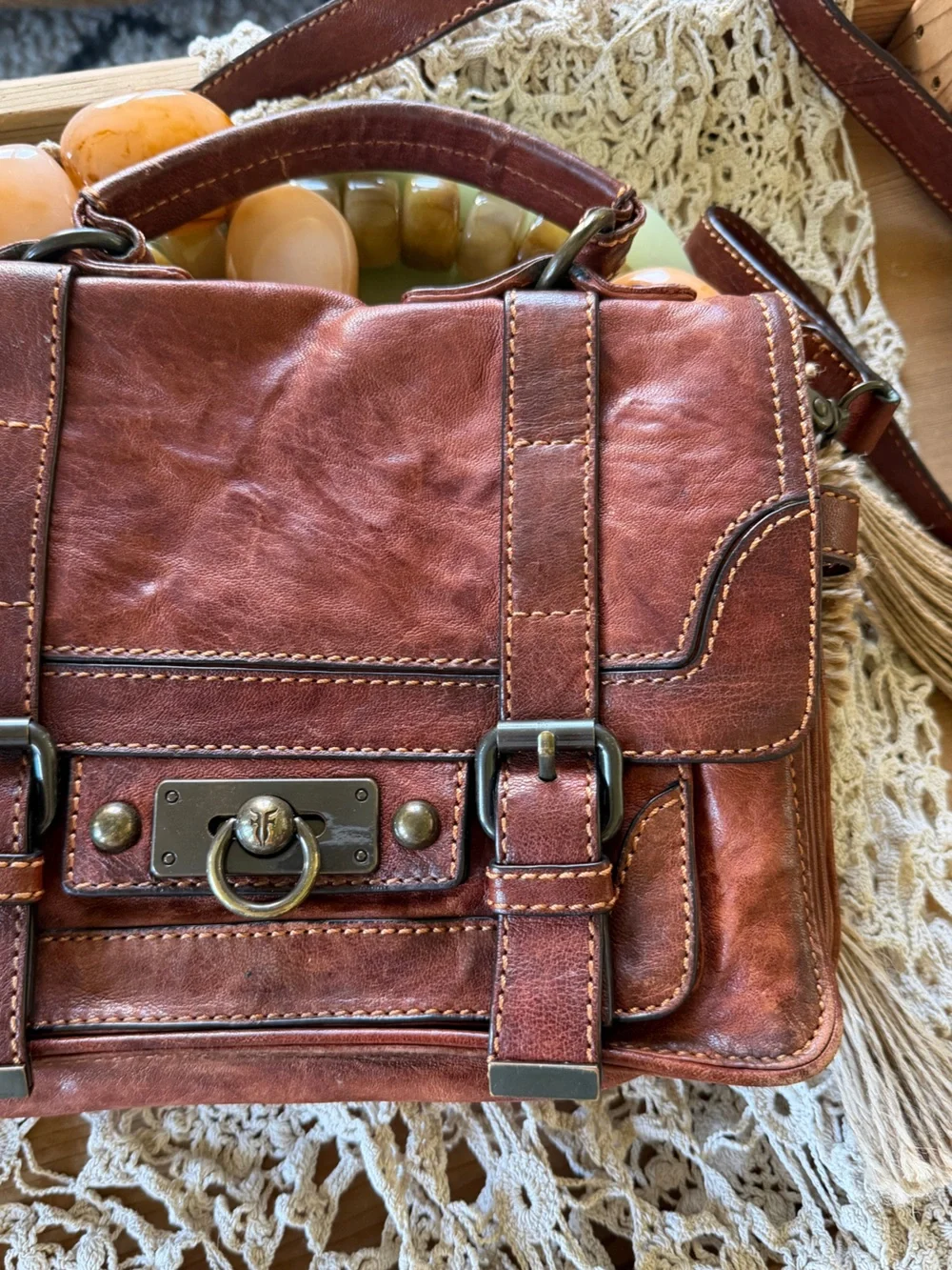 Frye Cameron Antique Cognac Pull Up Brown Leather Crossbody Satchel Bag Purse